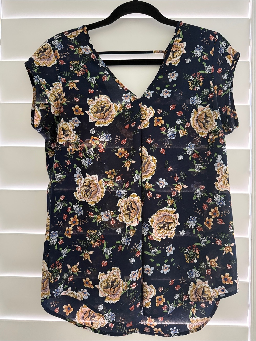 Halogen Navy Floral V-Neck Short Sleeve Blouse